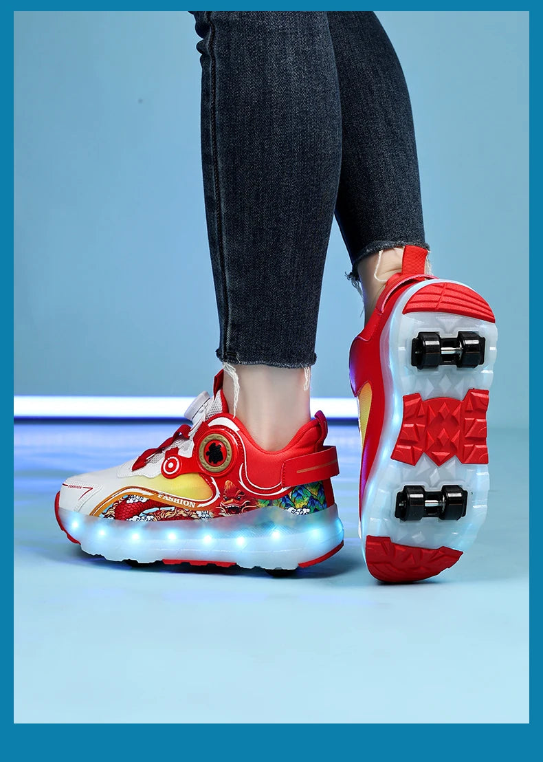 Children Four Wheels Luminous Glowing Sneakers Black Pink Led Light Roller Skate Shoes Kids Led Shoes Boys Girls USB Charging.