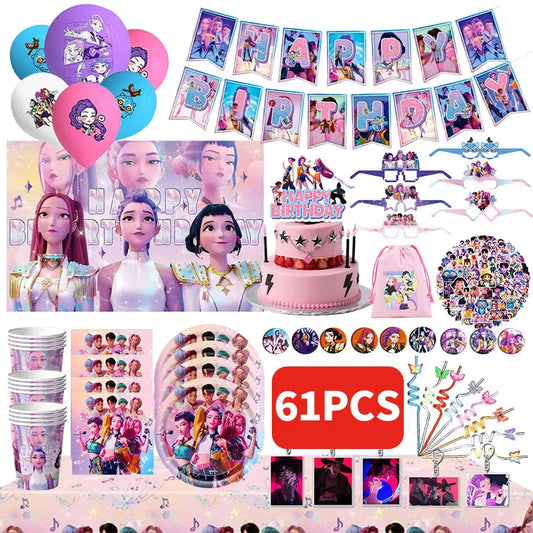 NEUE Dämon Jäger Kpop Geburtstag Dekorationen Set Geschirr Luftballons Banner Tischdecke Tasche Kpop Kuchen Dekor Für Mädchen Party Gefälligkeiten.