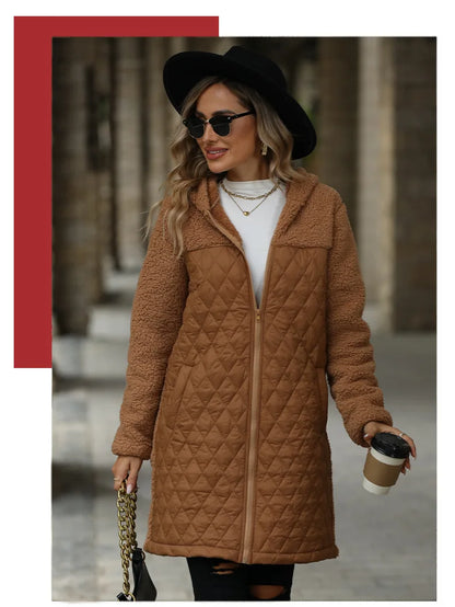 FairyShely 2025 Winter Solide Frauen Jacke Dicken Plüsch Mit Kapuze Warme Lange Hülse Langen Mantel Weiche Zipper Patchwork Strickjacke Dame Mantel
