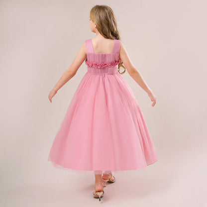 Mädchen Partykleider Weiß Langes Hochzeit Brautjungfer Prinzessin Kleid Abend Tüllkleid Abschlussball Klavier Performance Kleid.
