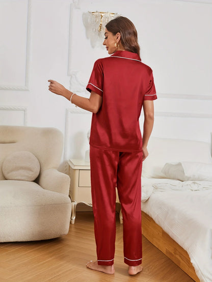 Pyjama-Set aus Satin mit Herz-Stickerei, lässig, kurzärmelig, Knopfleiste, Reverskragen, Oberteil und Hose, Damen-Nachtwäsche
