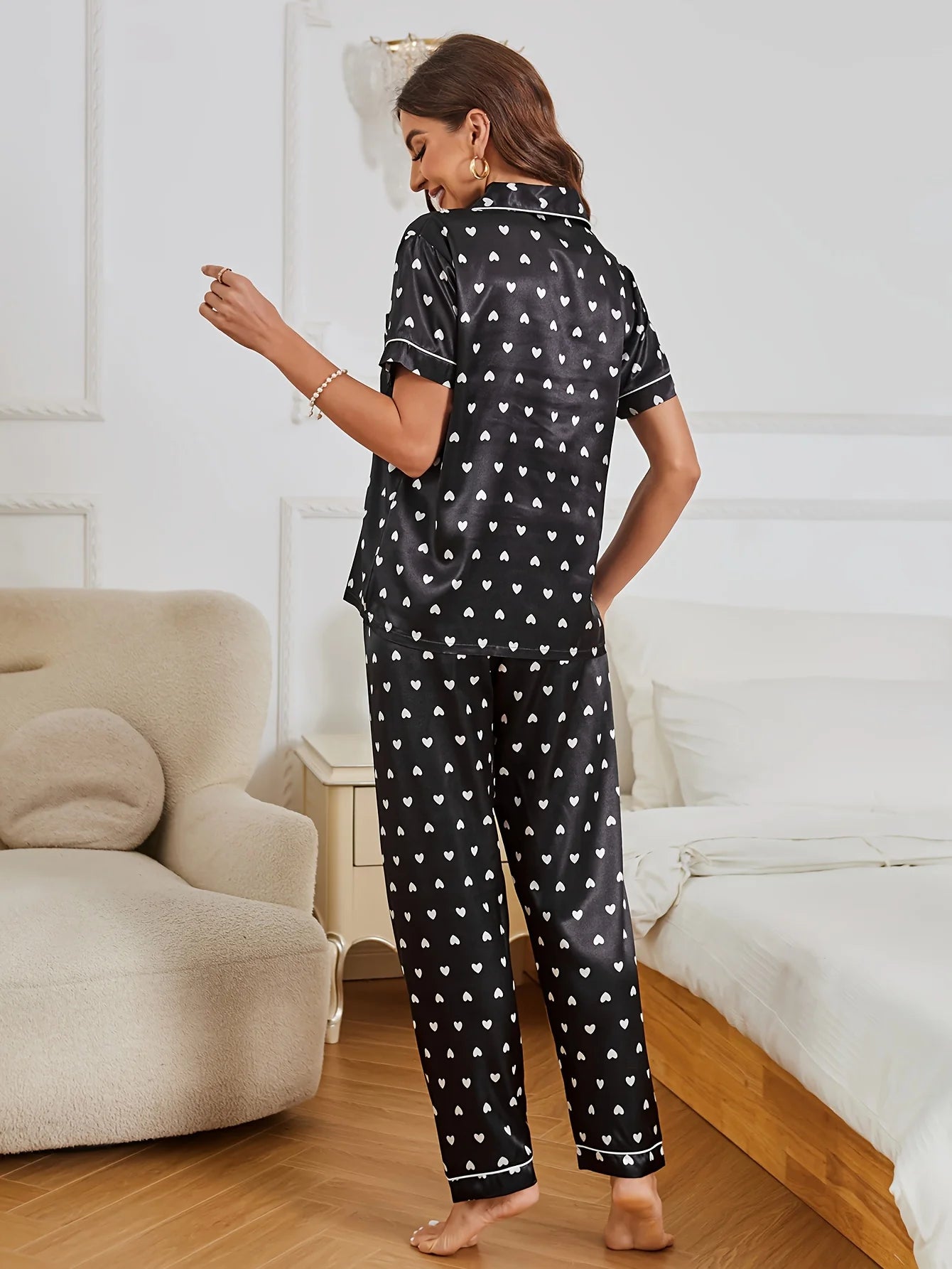 Heart Print Satin Pajama Set Casual Short Sleeve Buttons Lapel Top & Elastic Pants Women's Sleepwear.