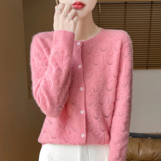 2024 Autumn And Winter New Round Neck Hollowed Out 100 Wool Knitted Cardigan Women's Versatile Coat Loose Casual Sweater DMR281.