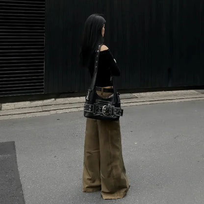 Belt buckle Women Luxury Designer Handbag And Purses PU Rivet Multiple Pockets Y2K Large Capacity Shoulder bags big totes.