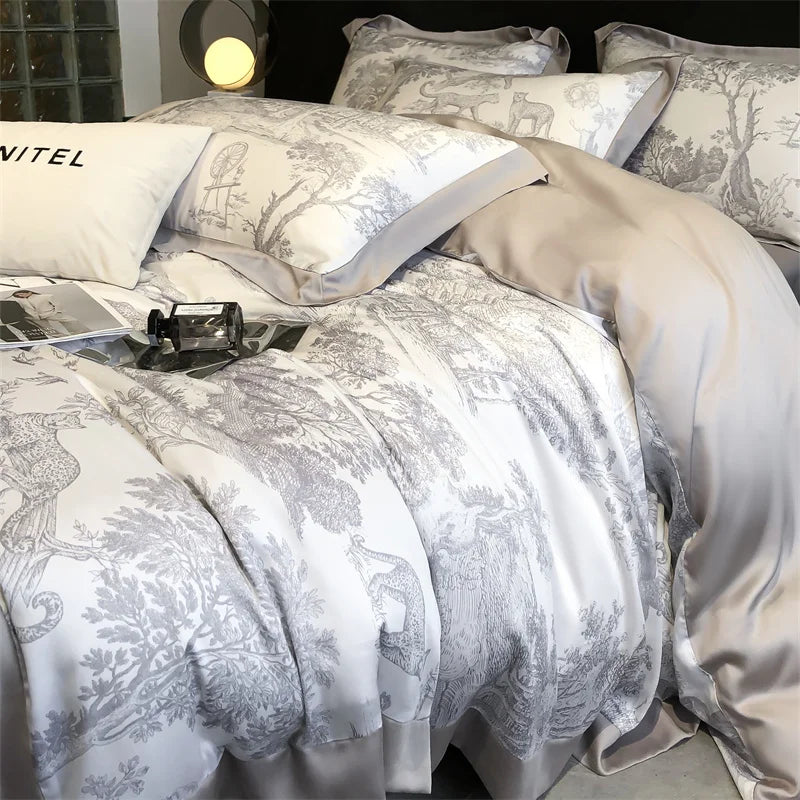 Soft Silky Skin Friendl natural Eucalyptus Fiber Lyocell Bedding Set Forest Plants Leopard Duvet Cover Set Bed Sheet Pillowcases.