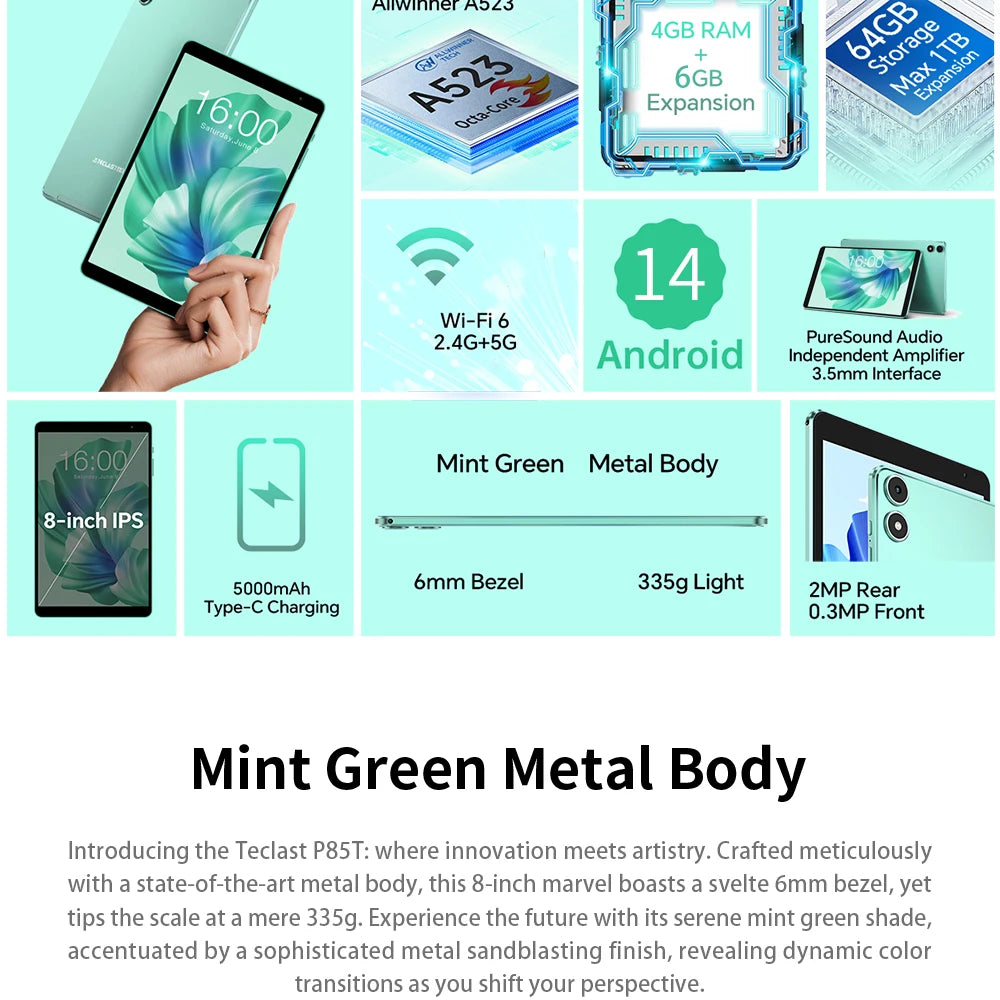 Teclast P85T 2024 Tablet Allwinner A523 8-core 1.8GHz/ 10GB(4GB+6GB) RAM/64GB ROM/8 Inch 800×1280iPS/WIFI5G/4G/5000mAh/Type-C/0.