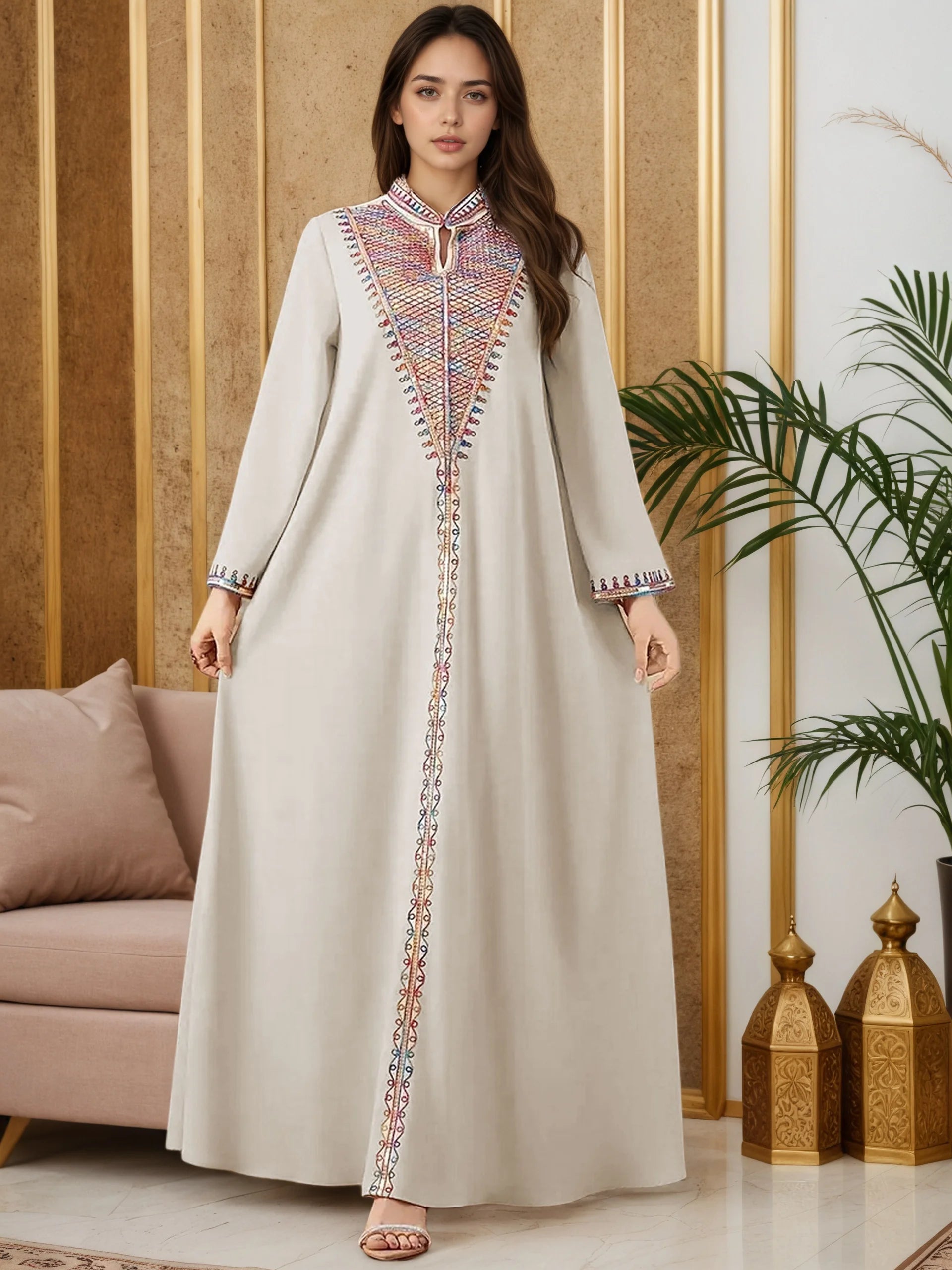 Trendy Muslim Abaya in Deep Blue Adorned with Intricate Multicolored Embroidery for Arabian Social Galas Modest Islam Fashion.