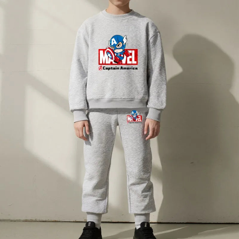 Marvel Spring/autumn Children's Clothing  Sets Captain America Boys O Neck Hoodies Pants Two Piece Casual Pullover Set for Kids.