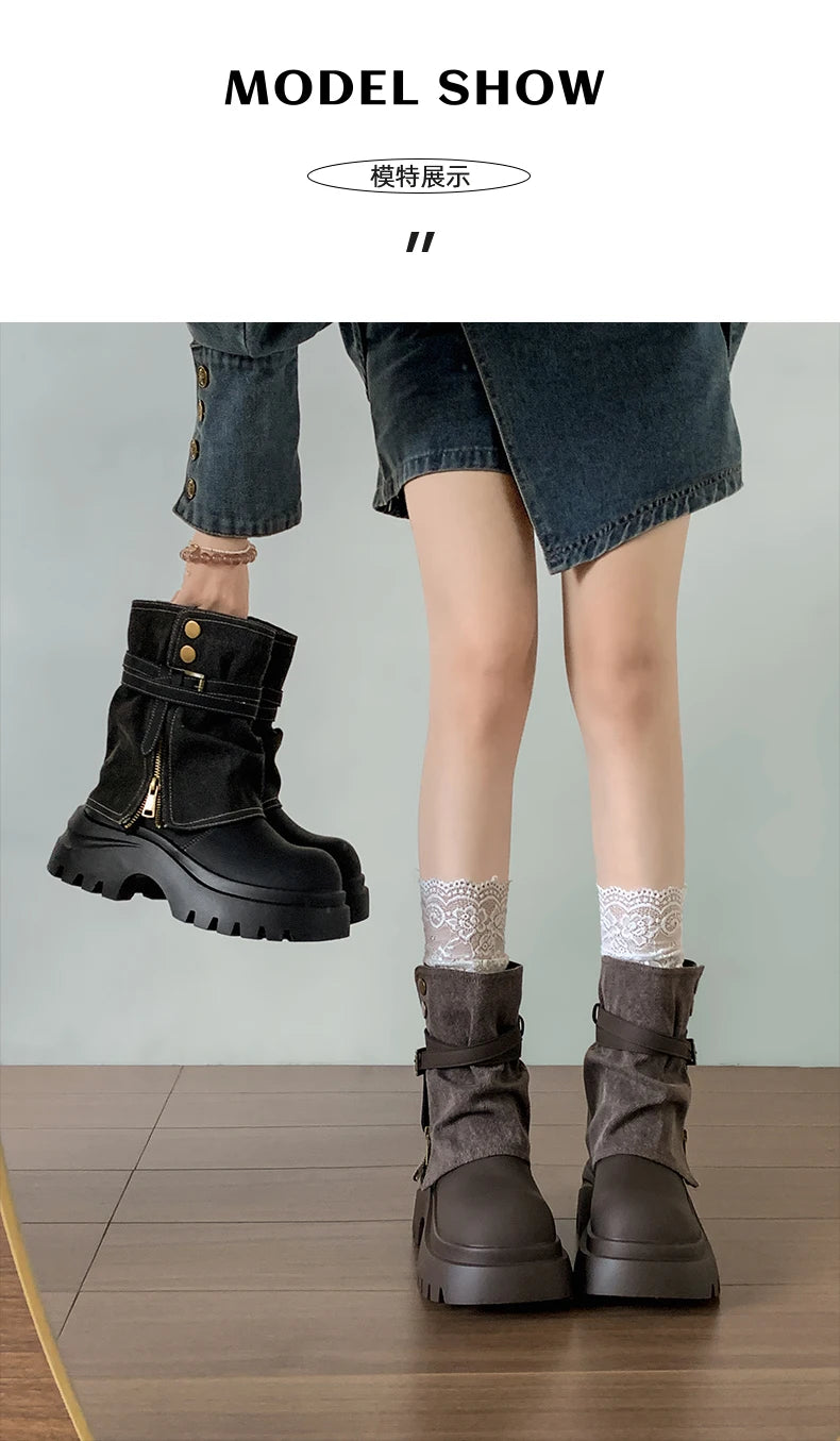Winter Punk Style Women Ankle Boots Fashion Belt Buckle Shoes Ladies Concise Chunky Platform Heel Short Booties Zapatos De Mujer.