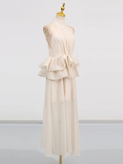 VGH Solide Abend Gespleißt Rüschen Maxi Kleider für Frauen High Neck Ärmellose Tunika Temperament Zeremonie Kleid Weibliche Kleidung