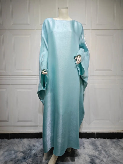 Siskakia Muslim 2024 New Eid Dresses Solid Shiny Satin Batwing Sleeve Modest Kebaya Turkish African Women Abayas Saudi Clothing