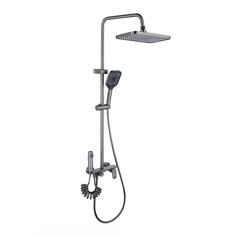 Grey/Chrome Brass Shower System Four Ways Water Outlet Bathroom Shower Faucet Set Rainlfall Hot Cold Bathroom Shower Set