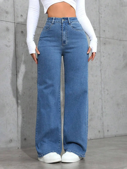 High Waist Straight Leg Women's Jeans Rhinestone Washed INS Style Imported New Model Blue Denim Trousers Female Fashion.