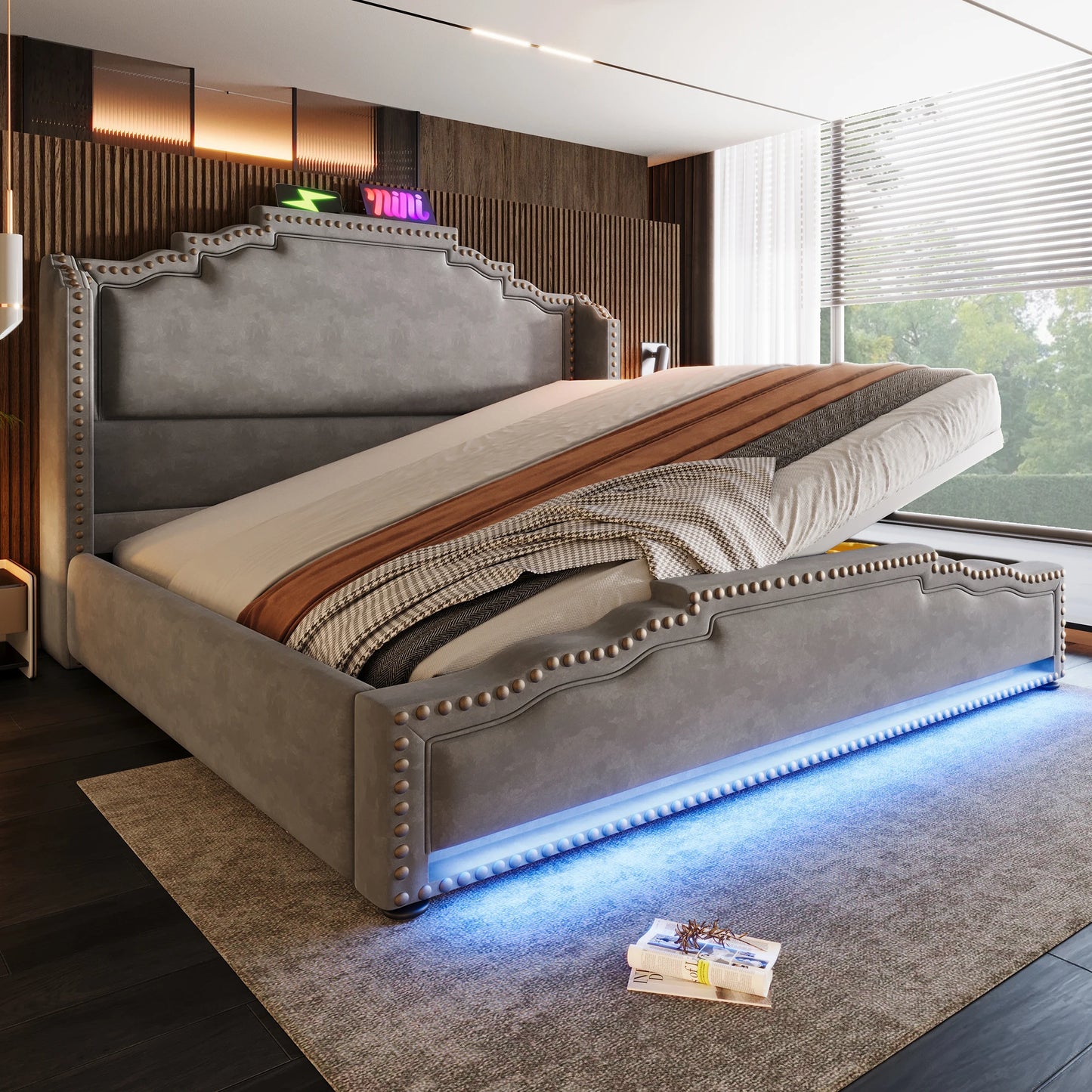 KOMHTOM Doppelbett Samt, Hydraulischer Stauraum, LED-Beleuchtung, USB-C-Ladeanschluss, ohne Matratze