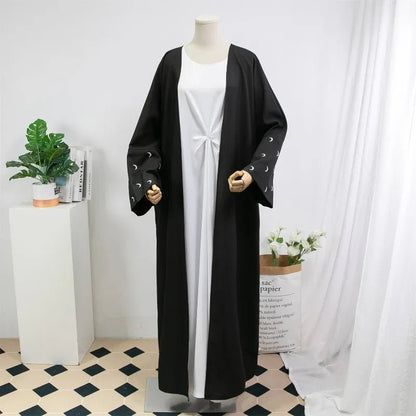 Lose Kaftan muslimischen Abayas Frauen islamische Kleidung Mond Stickerei offene Front Abaya Langarm Maxi Länge Kleid Frauen Jilbabs.