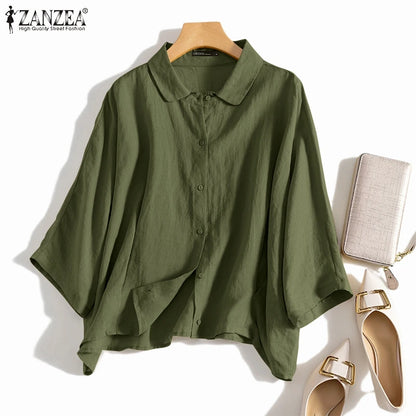 ZANZEA Summer Fashion Lapel Neck Shirt Women Elegant 3/4 Sleeve Blouse Work Buttons Down Tops Tunic Female Casual Loose Blusas.