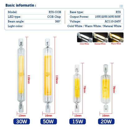 R7S LED 78mm 15W 20W R7S Spotlight 118mm 30W 50W AC 110V 220V 230V J78 J118 COB Lamp Bulb Glass Tube Replace Halogen Lamp Light.