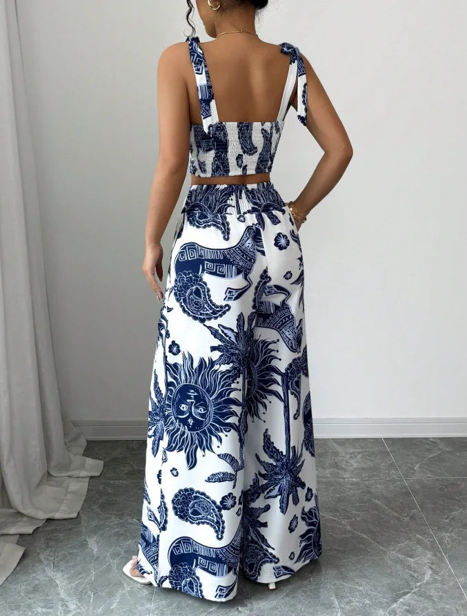 Sexy Strapback Halter Tops Long Pants Female 2-piece Set Summer Fashion Printed Wide-leg Pocket Trousers Elegant Women's Suit.