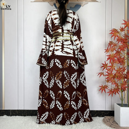 New Women Party Dress Dubai Muslim Summer Cotton Long Sleeve Collect Waist Boubou Maxi Islam Women Elegant Dress African Abaya.