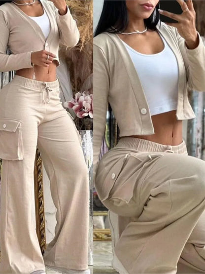 Spring Autumn New Women's Fashion Solid Color Printed Sexy Short Top With Waist Exposed Casual Lace Up Waist Drawback Pants Set.