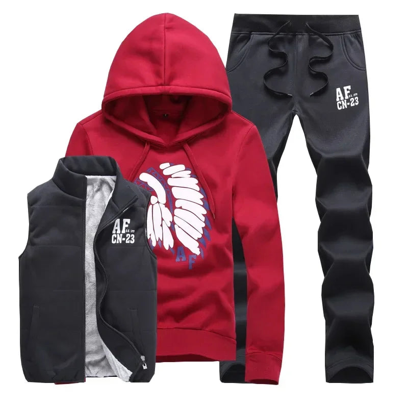 3 Pieces Set Hoodies+Vest+Pants Casual Men's Track Suit Clothing Coats Winter Thick Warm Tracksuit for Men Printed Mens Set Vest.