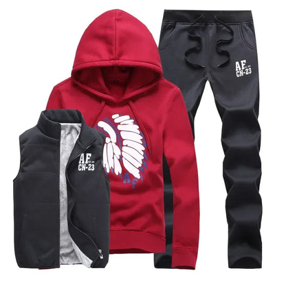 3 Pieces Set Hoodies+Vest+Pants Casual Men's Track Suit Clothing Coats Winter Thick Warm Tracksuit for Men Printed Mens Set Vest.