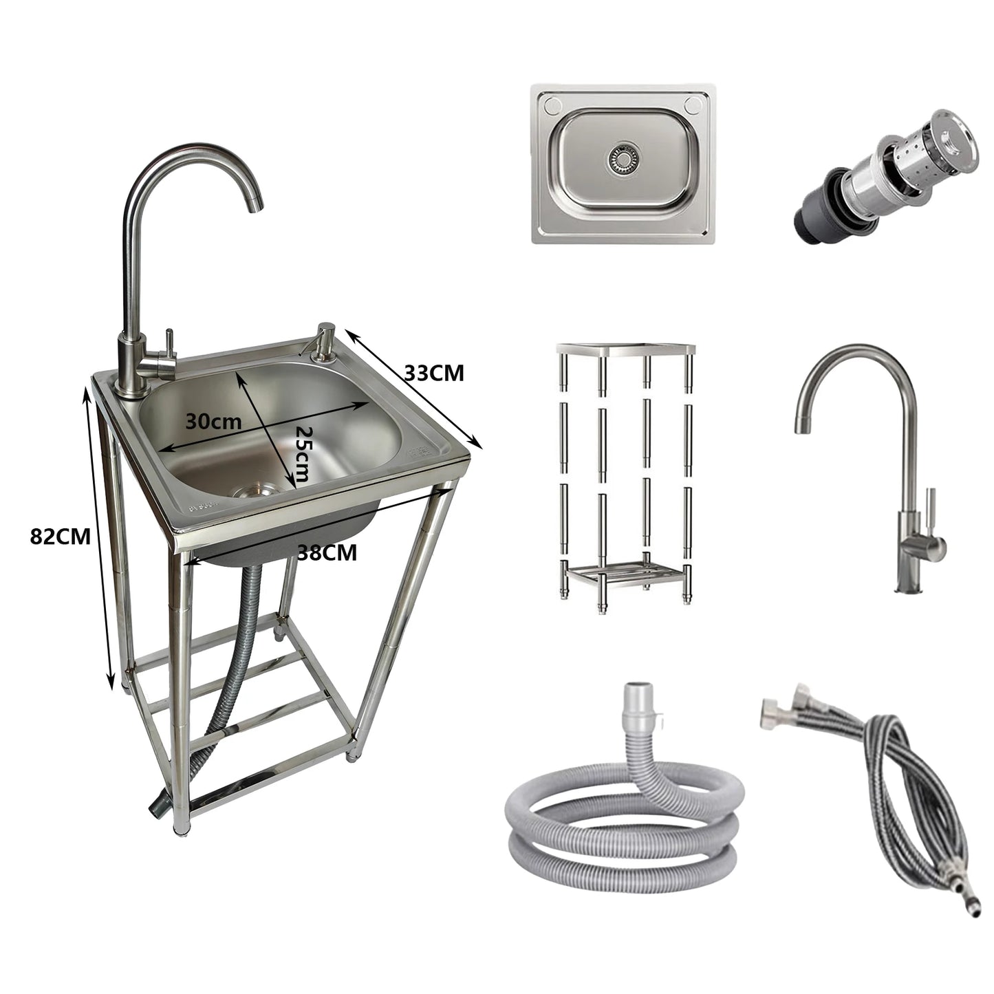 Freistehendes Edelstahl-Waschbecken, Außenspüle, Einzelschüssel, tragbares Outdoor-Camping-Waschbecken mit Abfluss und Warm- und Kaltwasserhahn