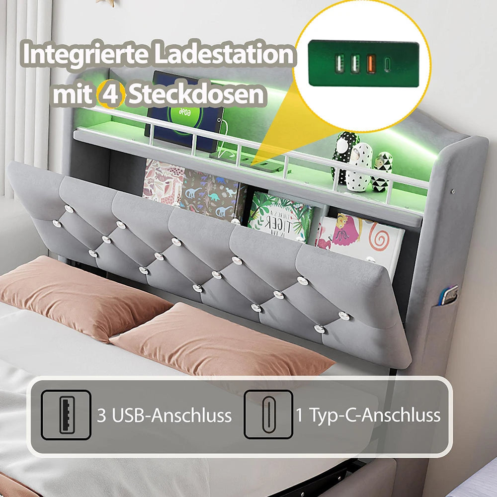 KOMHTOM Kinder Polsterbett 90x200 cm Samt Einzelbett, Multifunktionsbett mit Stauraum, LED und USB