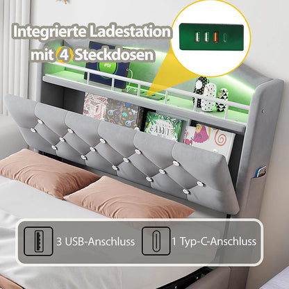 KOMHTOM Kinder Polsterbett 90x200 cm Samt Einzelbett, Multifunktionsbett mit Stauraum, LED und USB