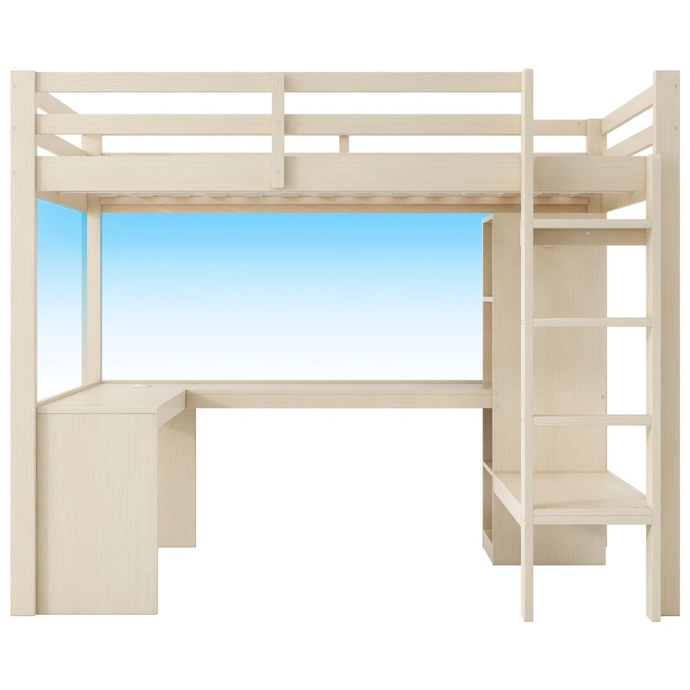 Modernes Kinder-Hochbett 140 x 200 mit Multifunktionsregalen, Unterbett-Schreibtisch, LED-Licht und USB, Kleiderschrank mit Stauraum, für Schlafzimmer