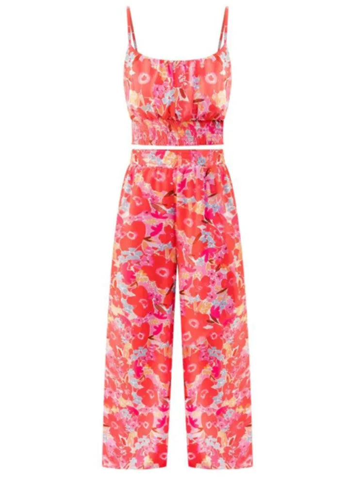 Women's Fashion Print Halter Sexy Short Top + Wide Leg Pant Suit Summer Casual Simple Sweet About Elegant Female Pant 2piece Set.