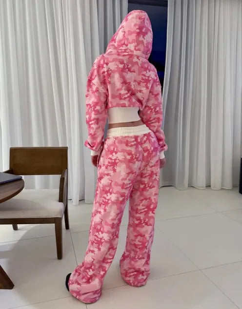 Women 2 Piece Sets Hooded Coat Straight Pants Camouflage Outfits Drawstring Zipper Jacket Tracksuit 2025 Streetwear Ensemble.