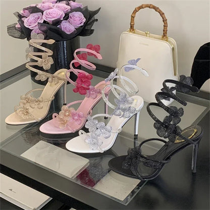 Aneikeh Street Style CRYSTAL Narrow Band Thin High Heels Women Sandals 2026 Summer Open Toe Ankle Strap Female Shoes.