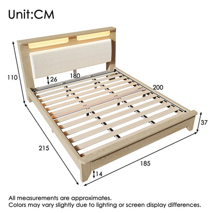 KOMHTOM Holzbett, Kopfteil mit Stauraum, LED-Beleuchtung und beigefarbener Cordpolster-Rückenlehne (Ohne Matratze)