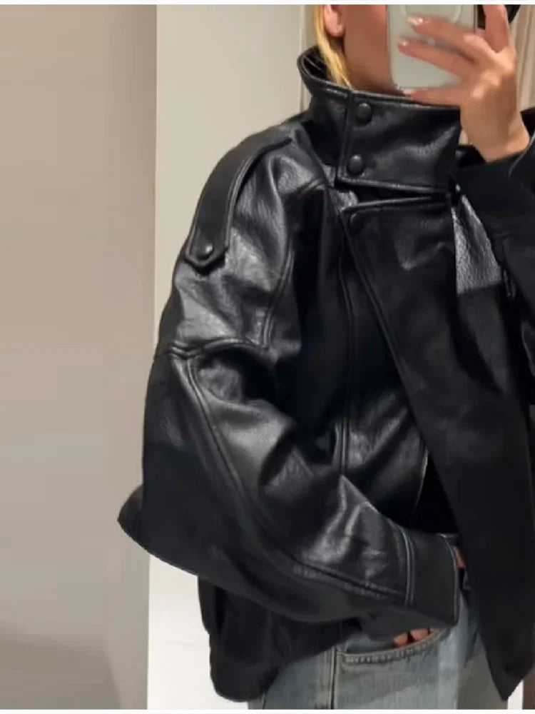 Street PU Leather Loose Jacket Women Fashion Solid Full Sleeve Stand Collar Single Breasted Coats Female 2025 Autumn Lady Coat.