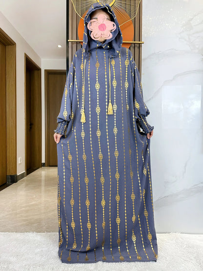 New Cotton Ramadan Muslim Two-Hat Abaya Dubai Turkey Islam Prayer Clothes Gold Dust   Dress Islam Women Dress Kaftan