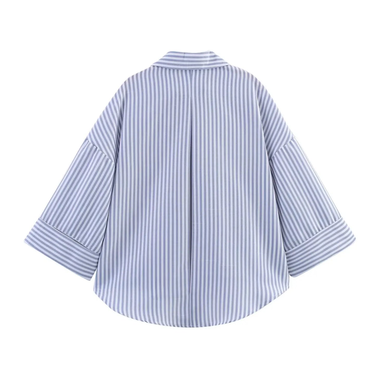 Summer Women's Curled Wide Sleeves Linen Blended Striped Asymmetric Casual Shirt Versatile Collar Linen Blended Printed Shirt.