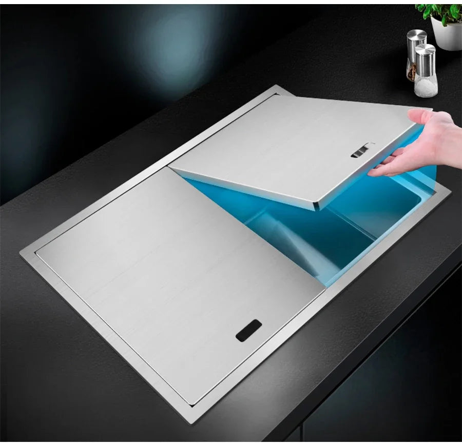 Nanometer Double Cover Hidden Kitchen Sink 304 Stainless Steel 3 Holes Handmade Single Large Size Kitchen Hidden Sinks