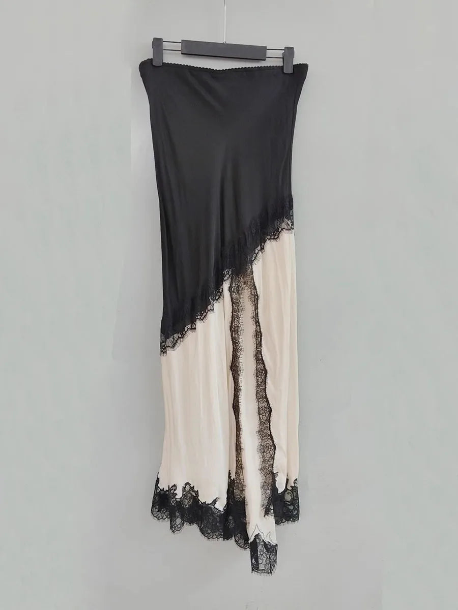 GALCAUR Hit Color Sheer Spliced Lace Elegant Skirts for Women High Waist Patchwork Split Temperament Skirt Female Fashion Style.