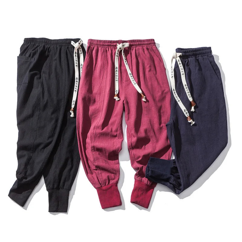 Cotton Linen Harem Pants Men Solid Elastic Waist Streetwear Joggers 2024 New Baggy Drop-crotch Pants Casual Trousers Men.