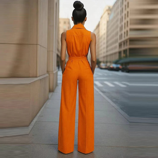 Elegant Lapel Collar Commuter Long Jumpsuits Women Casual Sleeveless Solid Romper Office Fashion Button Lace-Up Waist Playsuits.