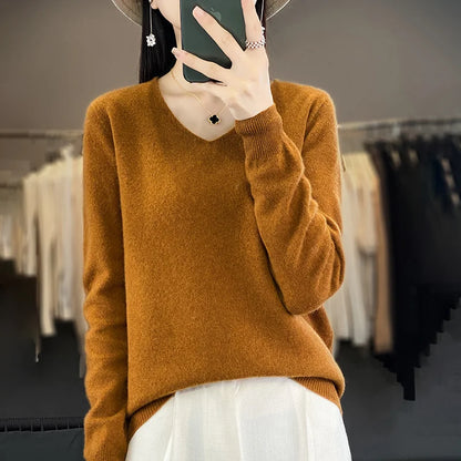 Women 100% Merino Wool Sweater V-Neck Basic Pullover Autumn Winter Cashmere Clothing Long Sleeve Soft Knitwear Tops Solid Color.