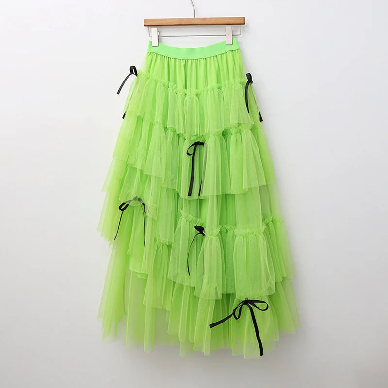 Long Maxi Tulle Skirt Women Sweet Tiered Long Skirt Autumn Winter Women Fashion Korean Mesh Skirt Female Party Skirt Clothes.