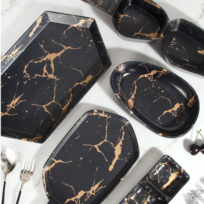 Marble Texture Imitation Melamine Plate BBQ Tableware Cake Fruits plates Snack Tray Outdoor Party Dishes Steak.
