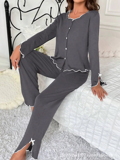 Europe hot-selling new pajamas black fungus edge long-sleeved trousers two-piece set comfortable high-end loungewear.