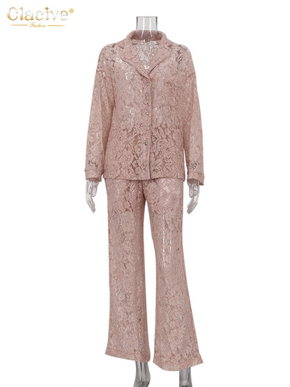 Clacive Sexy Loose Black Lace See Through Trousers Sets Women 2 Pieces Fashion Long Sleeve Shirt With High Waist Wide Pants Set.