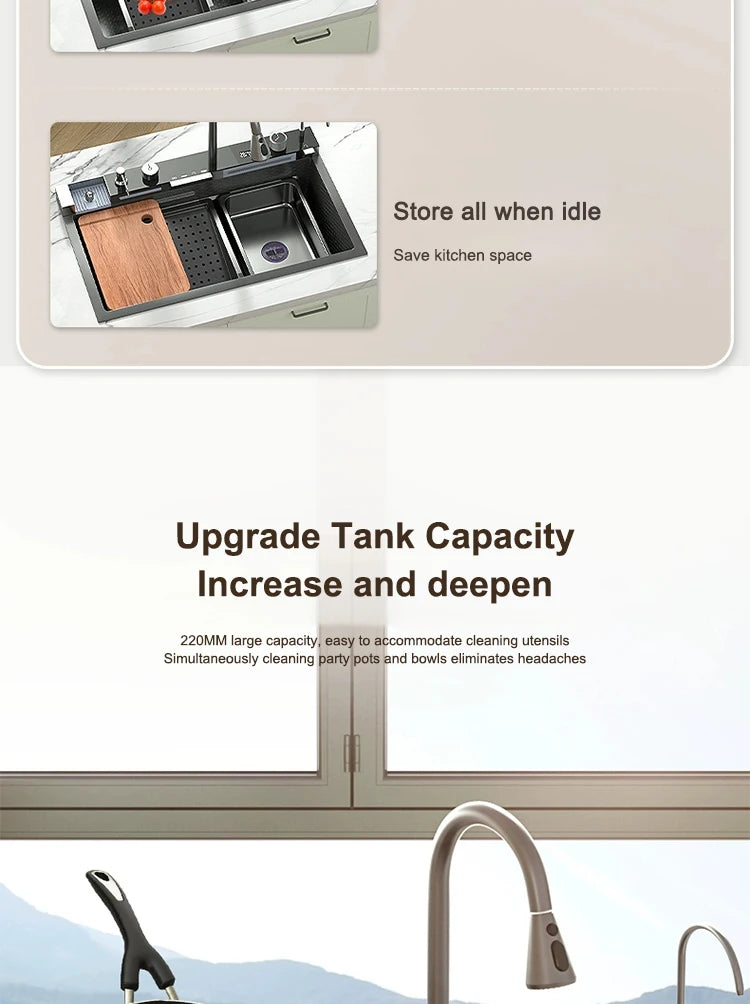 Küchenspüle, Wasserfall-Waschbecken aus Edelstahl, extra großer Einzelschlitz mit Digitalanzeige, Wasserhahn-Set für die Küche