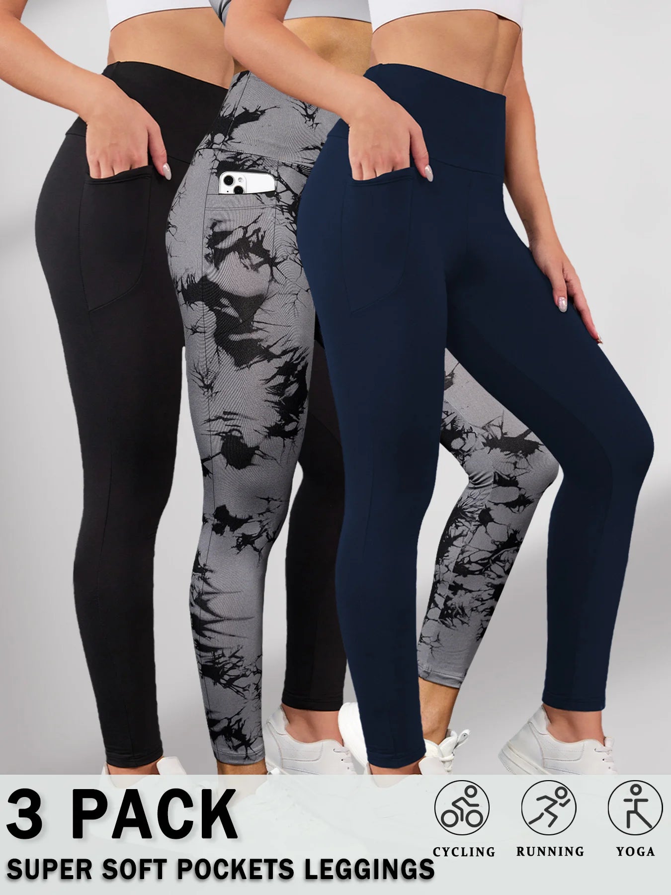 3 Pack Super Soft Leggings with Pockets for Women, High Waisted Tummy Control Workout Yoga Running Pants Leggings.
