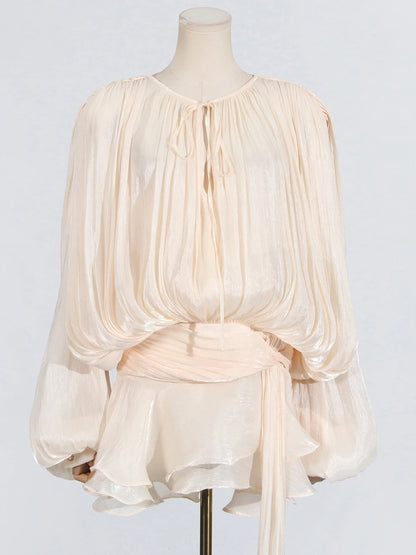 GALCAUR Solide Lose Splicd Lace Up Kleider Für Frauen V-ausschnitt Mit Langen Ärmeln Patchwork Rüschen Tunika Kleider Weibliche Mode Neue