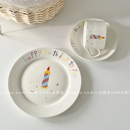 Korean Plate Designer Cute Happy Birthday Tableware Ceramic Coffee Cup Plate Dessert Cake Plate Cup Creative Birthday Gift.